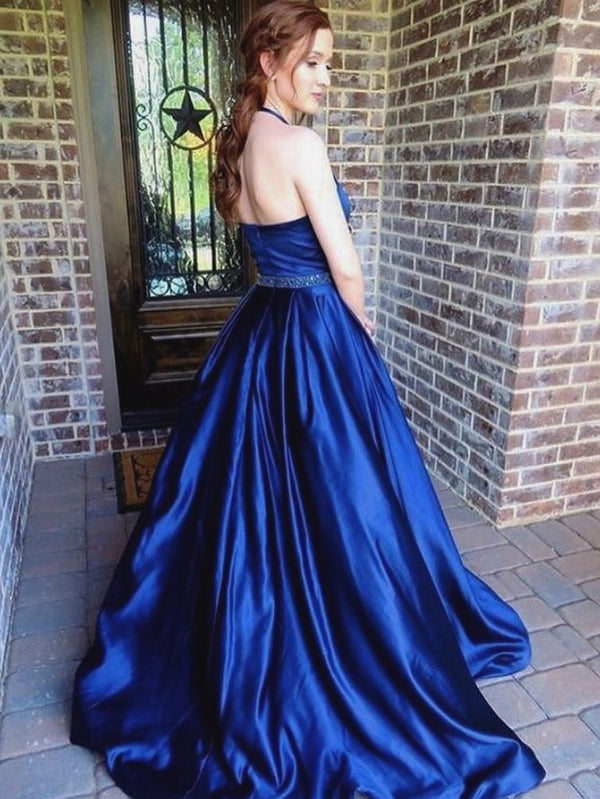 Fashionable Satin Halter Neckline Ball Gown Prom Dresses With Beadings ...
