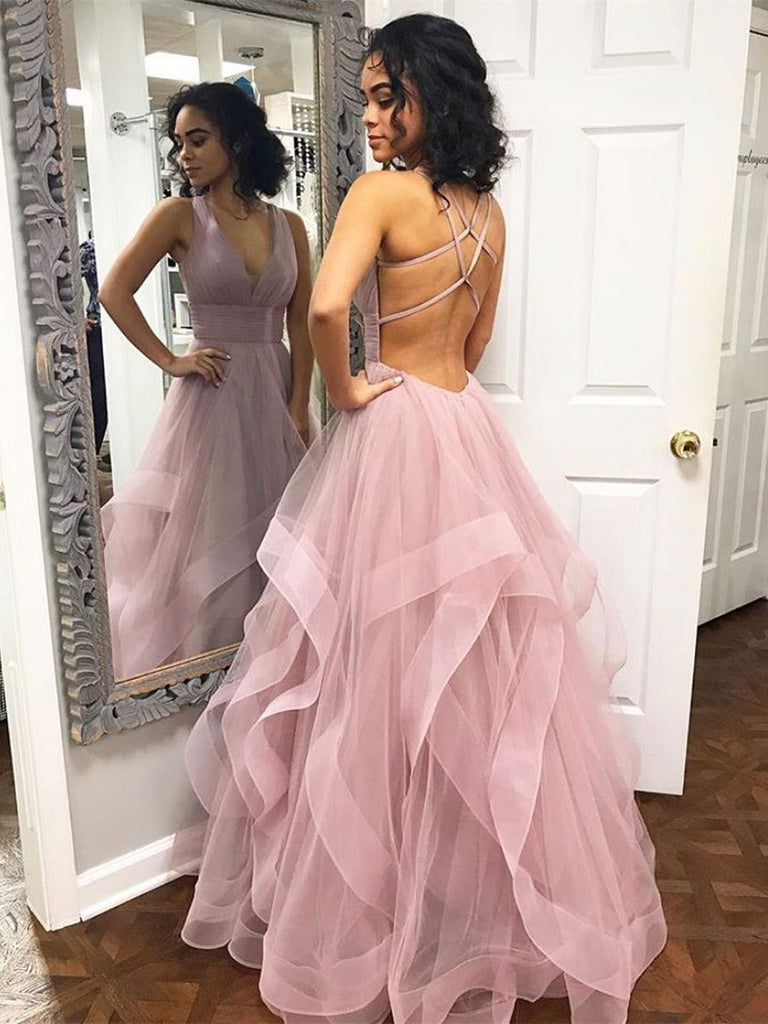 a line v neck tulle prom dress