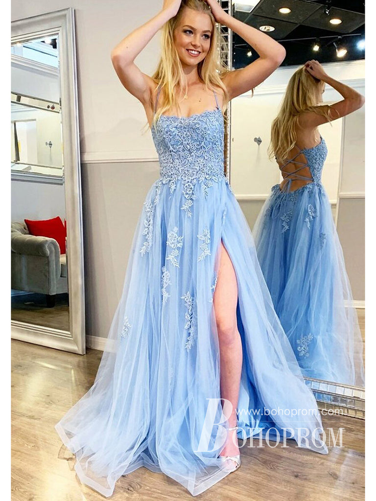 Spaghetti Straps A-line Prom Dresses Tulle Appliqued Gowns PD463 – BohoProm