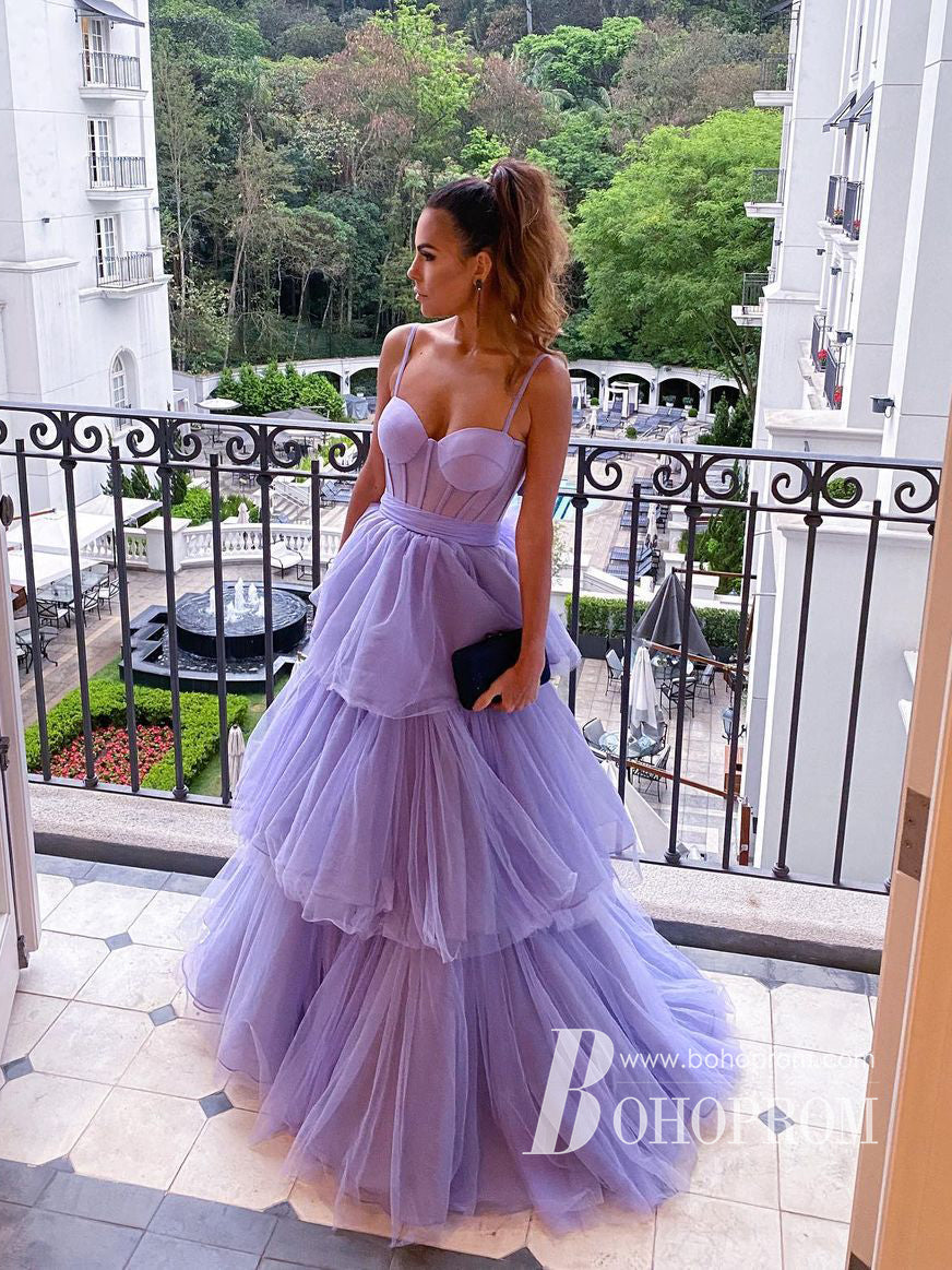 Elegant Tiered Tulle Spaghetti Straps Prom Dresses A-line Sweep Train ...