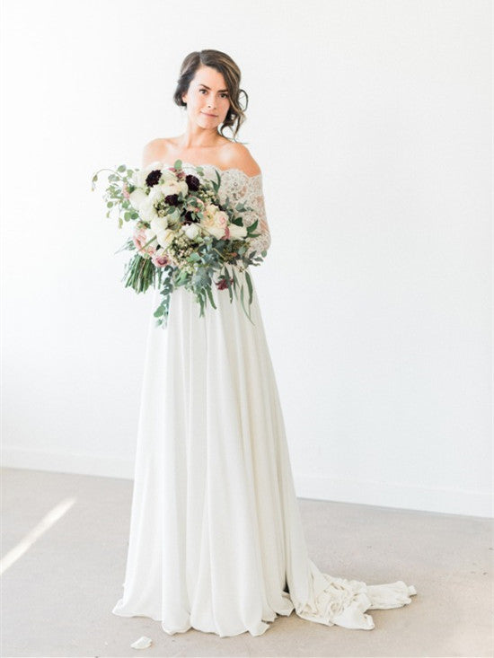 Unique Lace & Chiffon Off-the-shoulder Neckline A-line Wedding Dresses ...