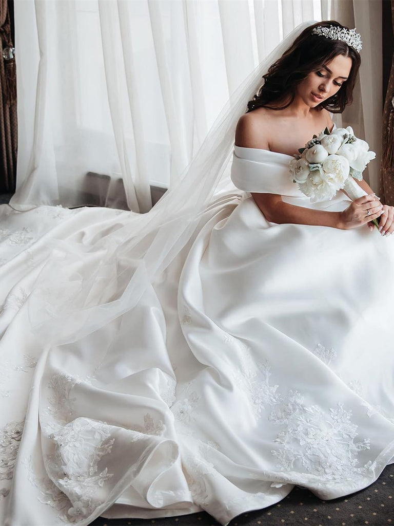 simple satin off the shoulder wedding dress