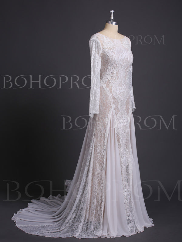 Alluring Lace Bateau Long Sleeves Chapel Train Sheath Wedding Dresses ...