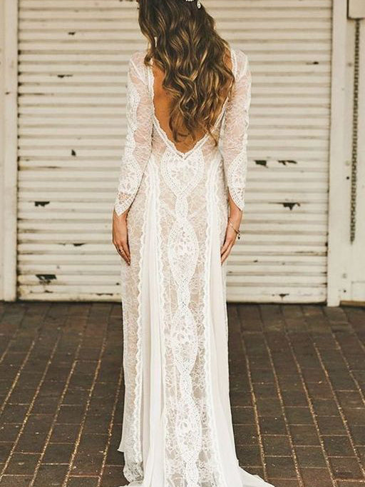 Alluring Lace Bateau Long Sleeves Chapel Train Sheath Wedding Dresses ...