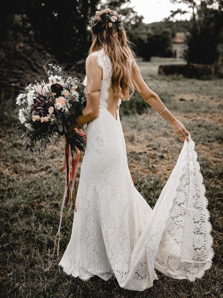 Fabulous Jewel Lace wedding Dresses Sleeveless Backless Bridal Gowns W ...