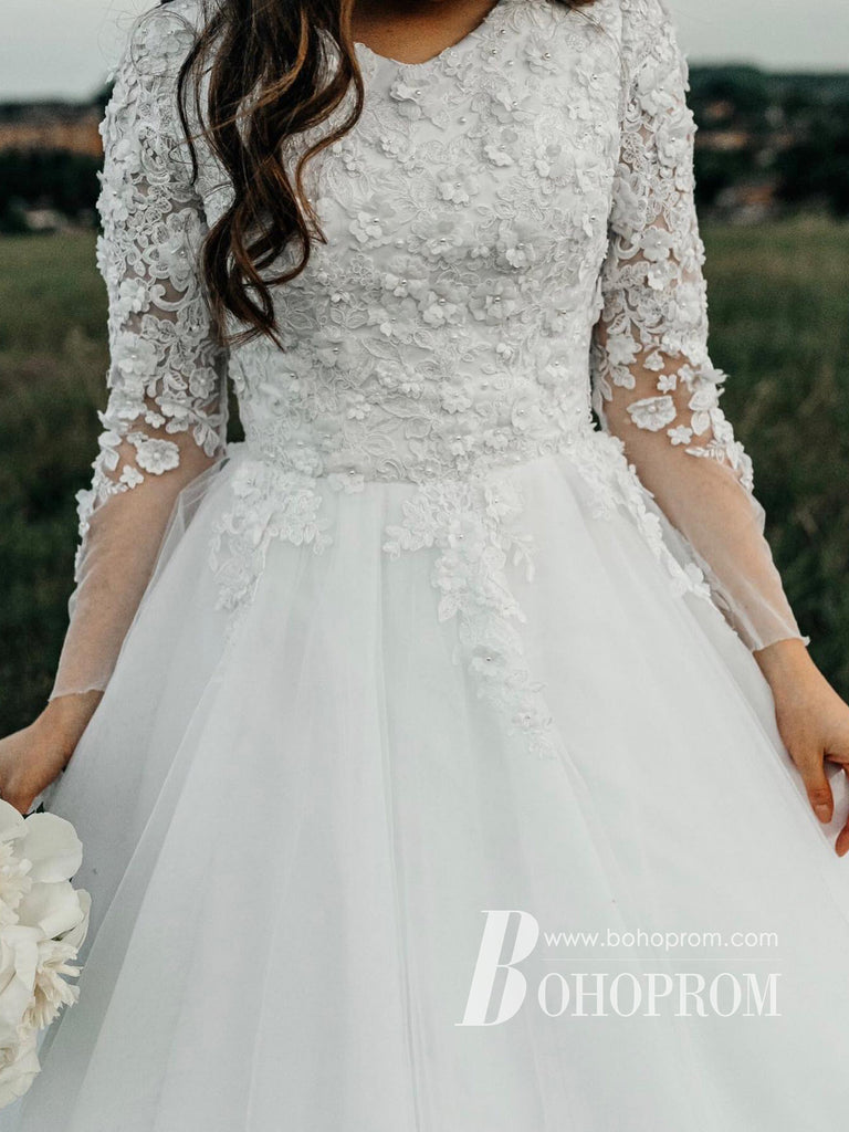 Romantic Appliques Long Sleeves Wedding Dresses Lace A-line Bridal Gow ...