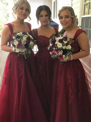 BohoProm Bridesmaid Dress A-line Sweetheart Floor Length Tulle Maroon Bridesmaid Dresses HX0011