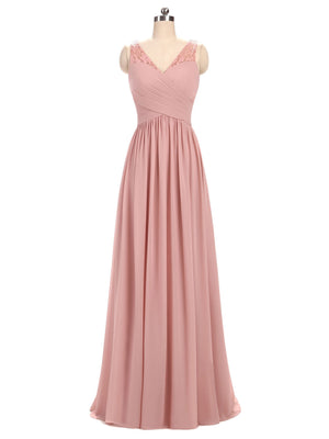 BohoProm Bridesmaid Dress A-line V-Neck Floor-Length Chiffon Lace  Pink Bridesmaid Dresses 2827