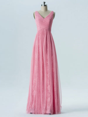 BohoProm Bridesmaid Dress A-line V-Neck Floor-Length Tulle Lace Bridesmaid Dresses 2870