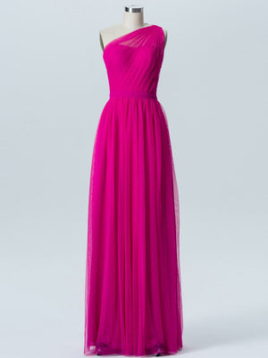 BohoProm Bridesmaid Dress Elegant Tulle One Shoulder Neckline Floor-length A-line Bridesmaid Dresses With Pleats BD003