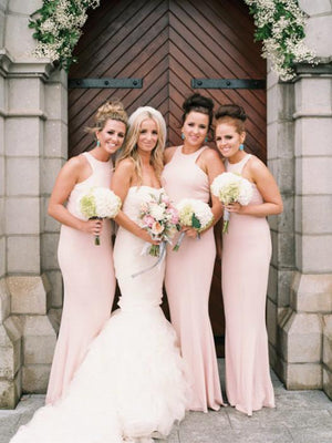 BohoProm Bridesmaid Dress Sheath High-Neck Floor Length Satin Blush Pink Bridesmaid Dresses HX006