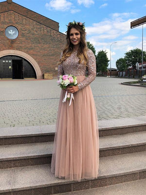 BohoProm Bridesmaid Dress Shining Tulle Jewel Neckline Floor-length A-line Bridesmaid Dresses BD066