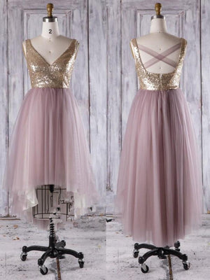 BohoProm Bridesmaid Dress Shining Tulle V-neck Neckline Hi-lo Length A-line Bridesmaid Dresses With Sequins BD020