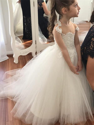 BohoProm Flower Girl Dresses Charming Tulle Jewel Neckline Ball Gown Flower Girl Dresses With Appliques FD076