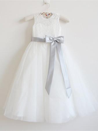 Chic Lace Tulle Jewel Neckline Floor Length A Line Flower Girl