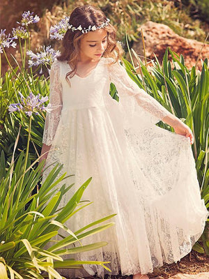 BohoProm Flower Girl Dresses Modest Lace V-neck Neckline 3/4 Sleeves Floor-length A-line Flower Girl Dresses FD007