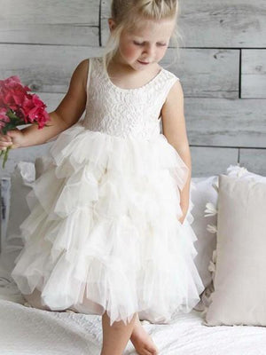 BohoProm Flower Girl Dresses Popular Lace & Tulle Scoop Neckline Tea-length Ball Gown Flower Girl Dresses FD077