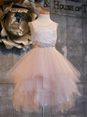 BohoProm Flower Girl Dresses Sweet Tulle Jewel Neckline Short A-line Flower Girl Dresses With Beadings FD084