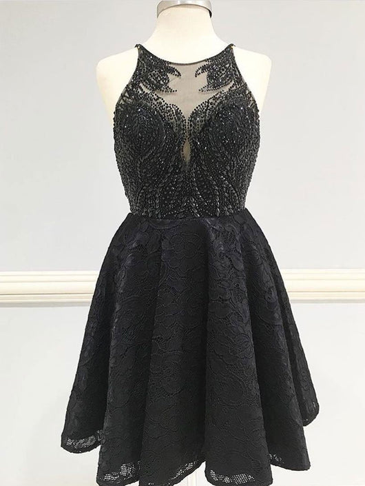 black and stone lace mini dress