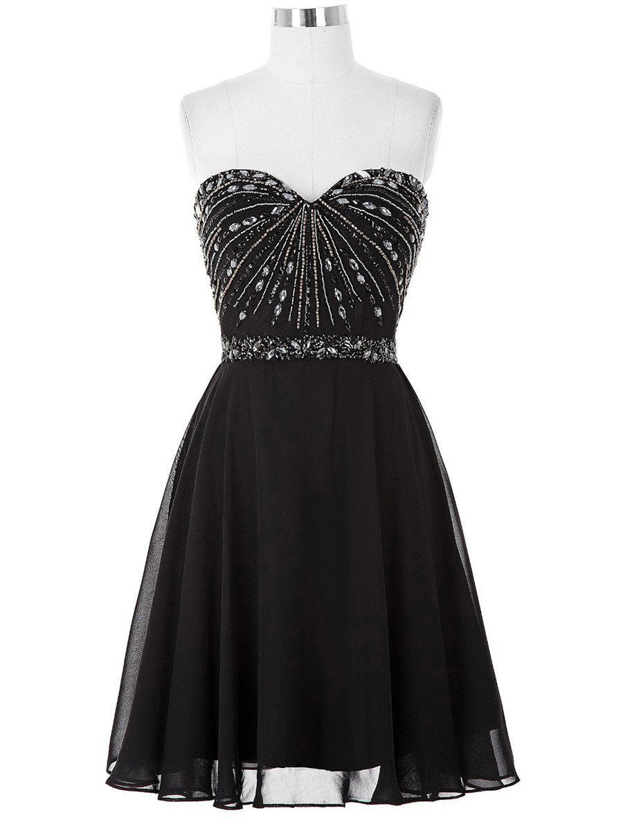 A-line Sweetheart Mini Chiffon Black Homecoming Dresses With Rhine Sto ...