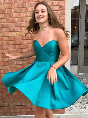 BohoProm homecoming dresses A-line Sweetheart Mini Satin Short Jade Simple Homecoming Dresses APD2761