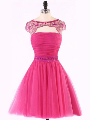 BohoProm homecoming dresses Delicate Tulle Bataeu Neckline Cap Sleeves A-line Homecoming Dresses With Beadings HD028