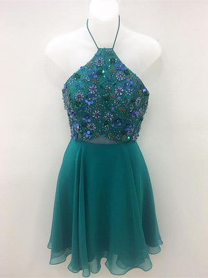 BohoProm homecoming dresses Sparkly Chiffon Halter Neckline Short A-line Homecoming Dresses HD133