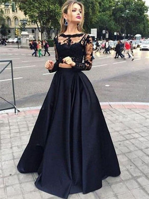 BohoProm prom dresses A-line Bateau Floor-Length Satin Black Two Piece Prom Dresses HX0061