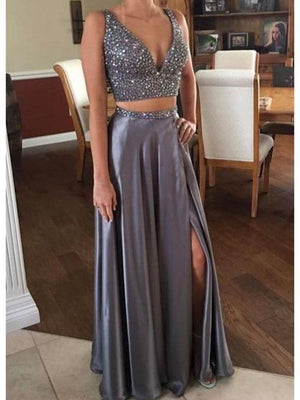 BohoProm prom dresses A-line Deep-V Floor-Length Satin Two Piece Prom Dresses HX0059