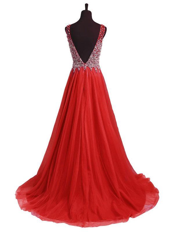 A-line Deep-V Sweep Train Tulle Beaded Sequined Red Prom Dress 3120 ...