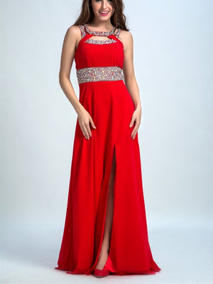 BohoProm prom dresses A-line Halter Floor-Length Satin Sequined Red Prom Dresses 2928