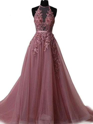 BohoProm prom dresses A-line Halter Sweep Train Tulle Appliqued Sequined Beaded  Prom Dress 3049