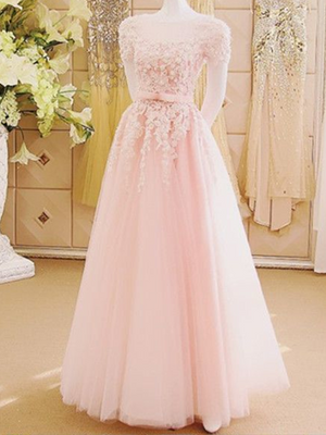 BohoProm prom dresses A-line Illusion Floor-Length Tulle Appliqued Pink Prom Dresses ASD2569