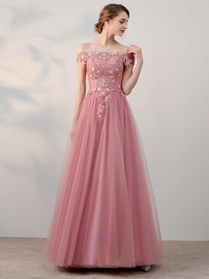 BohoProm prom dresses A-line Off-Shoulder Floor-Length Tulle Appliqued Beaded Prom Dresses ASD26776