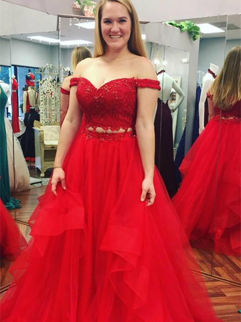 A-line Off-Shoulder Floor-Length Tulle Red Prom Dresses With Beading H ...