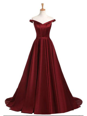 BohoProm prom dresses A-line Off-Shoulder Sweep Train Satin Burgundy Prom Dress 3111