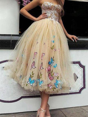 BohoProm prom dresses A-line Off-Shoulder Tea-Length Tulle Prom Dresses With Appliques HX00123