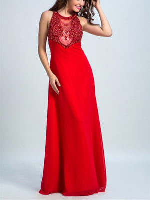 BohoProm prom dresses A-line Scoop-Neck  Floor-Length Chiffon Rhine Stone Beaded Red Prom Dresses 2902