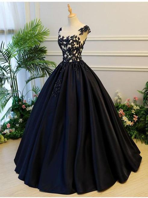A-line Scoop-Neck Floor-Length Satin Long Black Prom Dresses HX00111 ...