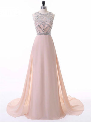 BohoProm prom dresses A-line Scoop-Neck Sweep Train Chiffon Pink Prom Dresses With Rhine Stones HX0083