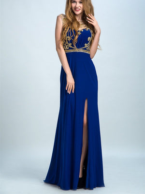 BohoProm prom dresses A-line Scoop-Neck Sweep Train Chiffon Rhine Stone  Beaded Royal Blue Prom Dresses 2927