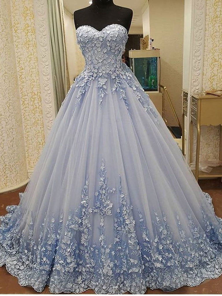 A-line Sweetheart Chapel Train Tulle Appliqued Elegant Prom Dresses 27 ...