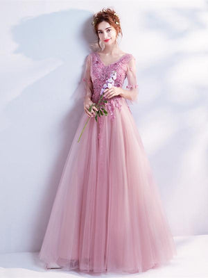 BohoProm prom dresses A-line V-Neck Floor-Length Tulle Appliqued Lavender Prom Dresses ASD26997