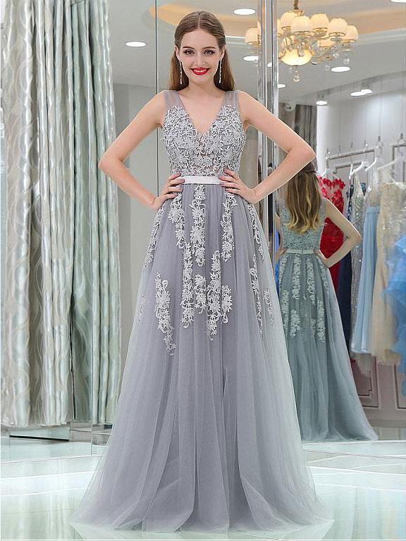 A-Line V-neck Floor-Length Tulle Appliqued Prom Dress 3093 – BohoProm