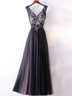 BohoProm prom dresses A-line V-neck Floor-Length Tulle Beaded Appliqued prom Dresses 3007