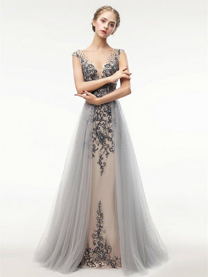 BohoProm prom dresses A-line V-neck Floor-Length Tulle Gray Prom Dresses With Beading ASD27103