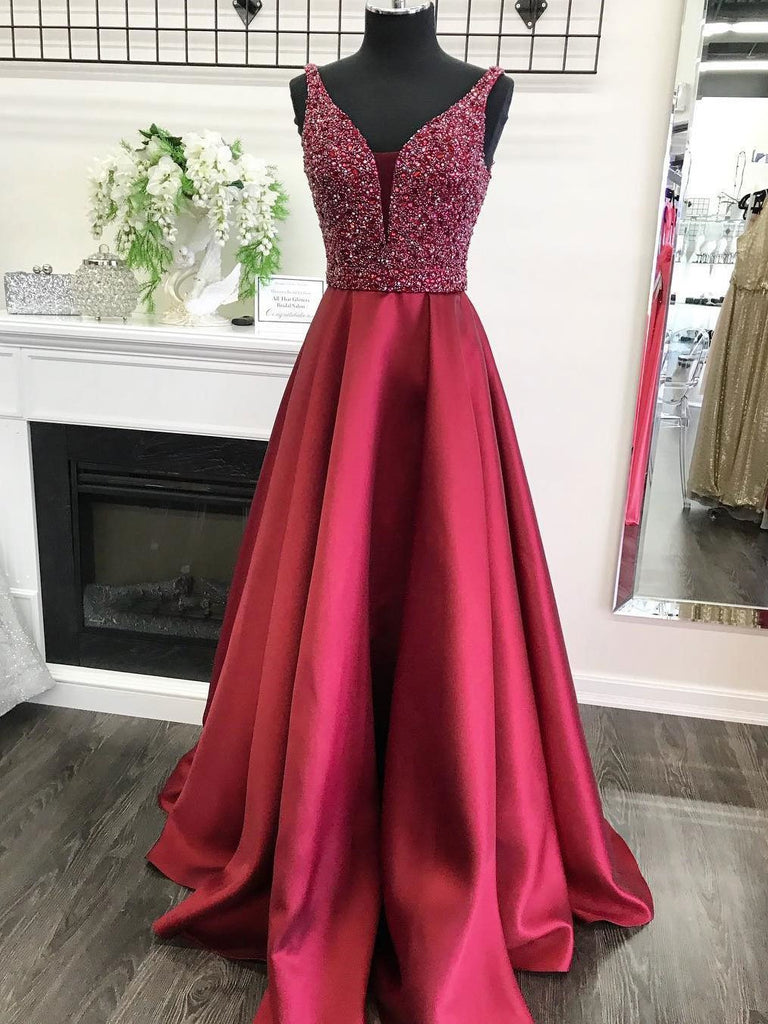 a line burgundy prom dress