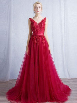 BohoProm prom dresses A-line V-neck Sweep Train Tulle Appliqued Beaded Red Prom Dresses 3015