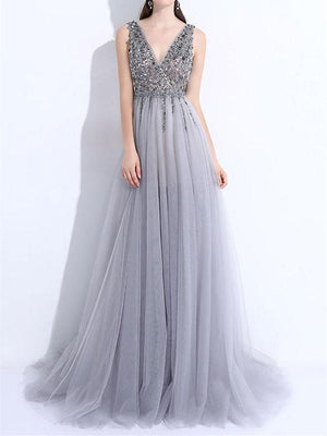 BohoProm prom dresses A-line V-neck Sweep Train Tulle Sequin Prom Dresses ASD2691