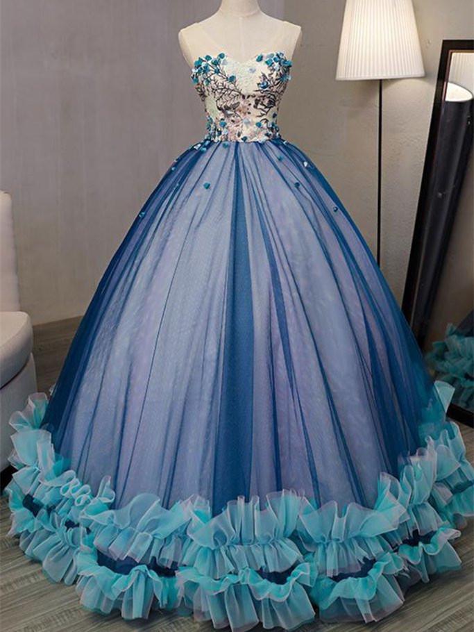 Ball-Gown V-Neck Floor-Length Tulle Appliqued Unique Quinceanera Dress ...
